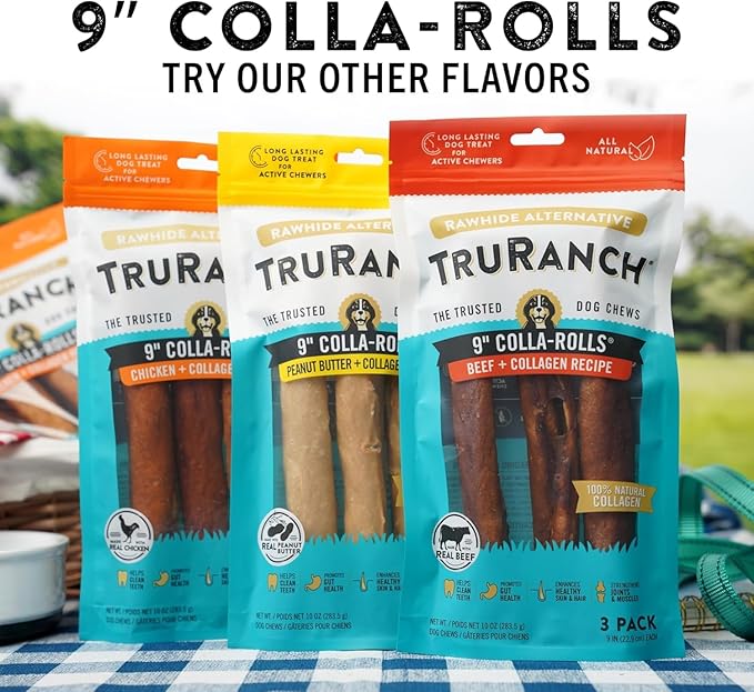 Collagen Rolls - 9" Collagen Rolls for Dogs - Long Lasting Healthy Joint Support - Rawhide Alternative - Skin & Coat Health - Made with Real Peanut Butter, Value Pack, 3 Bags, 9 Count
