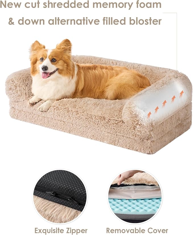 EHEYCIGA Foldable XXL Dog Bed, Faux Fur Fluffy Pet Couch Bed for Extra Large Dogs, Orthopedic Calming Memory Foam Big Pet Bed, Washable Soft Pet Sofa Bed with Non-Slip Bottom, Camel, 54"x38"x7.5"
