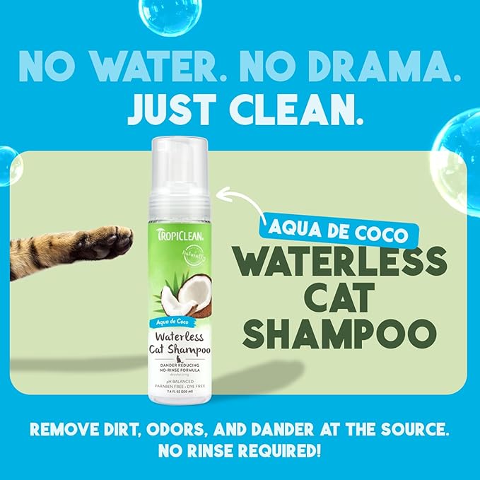 TropiClean No Rinse Waterless Cat Shampoo | Dandruff Treatment | Moisturizing Dry Shampoo for Dry Skin | USA Made | Aqua de Coco Scent | 7.4oz.