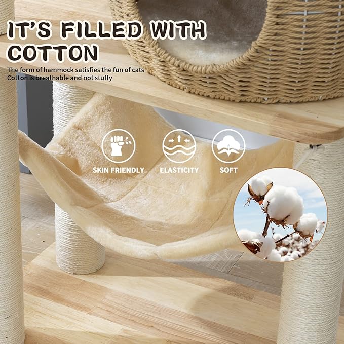 59" Big Modern Cat Tree Tower, Cat Tower Sisal-Covered Scratching Posts for Indoor Cats, Oak Wood Cat Tree for Large Cats, Multi-Level Cat Condo with Space Capsule Nest, Cat Furniture Activity Centre