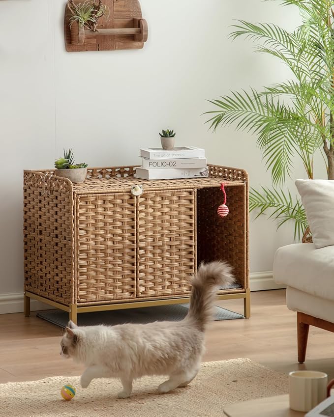 Cat Litter Box Enclosure Furniture with Divider, Handwoven Rattan Litter Box with Mat, 31.2 x 19.6 x 24.2 Inches, Metal Heightened Feet, Hidden Cat House for Living Room, Bedroom (Natural)