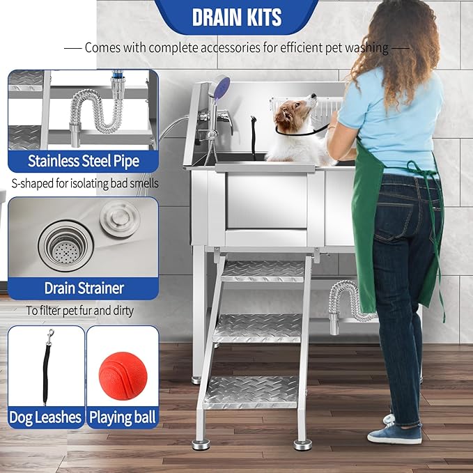 Professional Dog Washing Station, Stainless Steel Dog Bathing Station, Dog Wash Station, Storage Drawer, Upgrade Parts, Home, Commercial,34" L-RAMP