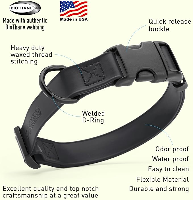 Dogline Biothane Waterproof Dog Collar with Quick Release Buckle Strong Coated Nylon Webbing with Odor- Proof for Easy Care Easy to Clean Fits Small Medium or Large Dogs, Black 3/4" W 12-19" L