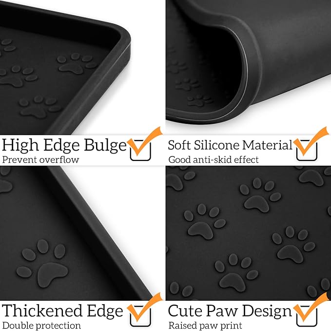 Ptlom Pet Placemat for Dog and Cat, Mat for Prevent Food and Water Overflow, Suitable for Small, Medium and Big Pet, 18" 12", Black, Silicone