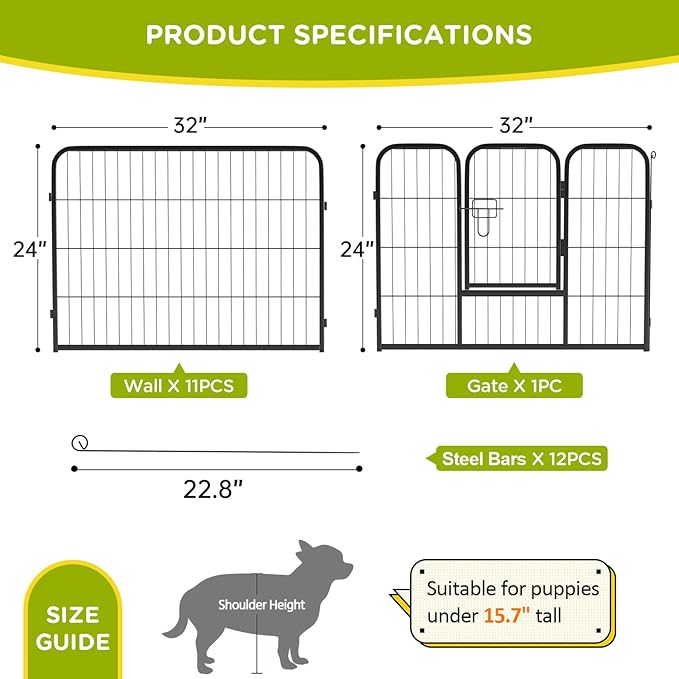 BestPet | Dog Playpen | 24 Inch, 12 Panels | Heavy Duty Metal Pet Exercise Pen | Indoor Outdoor Fence Panels | Rust-Resistant, Removable, Tool-Free Setup | Anti-Skid, Expandable Design