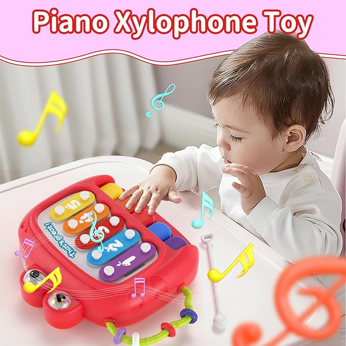 4 in 1 Baby Toy for 6 9 12 18 Month, Learning Toys for Babies 6-12 Months, Baby Busy Cube, Stacking Sorter, Pull String & Piano Xylophone Travel Toy, Birthday Gift for 1 2 Year Old