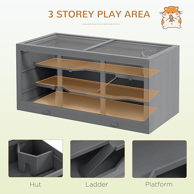 PawHut 45" Extra Large Wooden Hamster Cage, 3-Layer Chewproof Rat Cage with Opening Roof, Hut, Ramps, for Gerbil, Dwarf & Syrian Hamsters, Gray