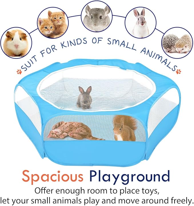 Pawaboo Small Animals Playpen, Waterproof Small Pet Cage Tent with Zippered Cover, Portable Outdoor Yard Fence with 3 Metal Rod for Chick/Kitten/Puppy/Guinea Pig/Rabbits/Hamster/Chinchillas,Light Blue