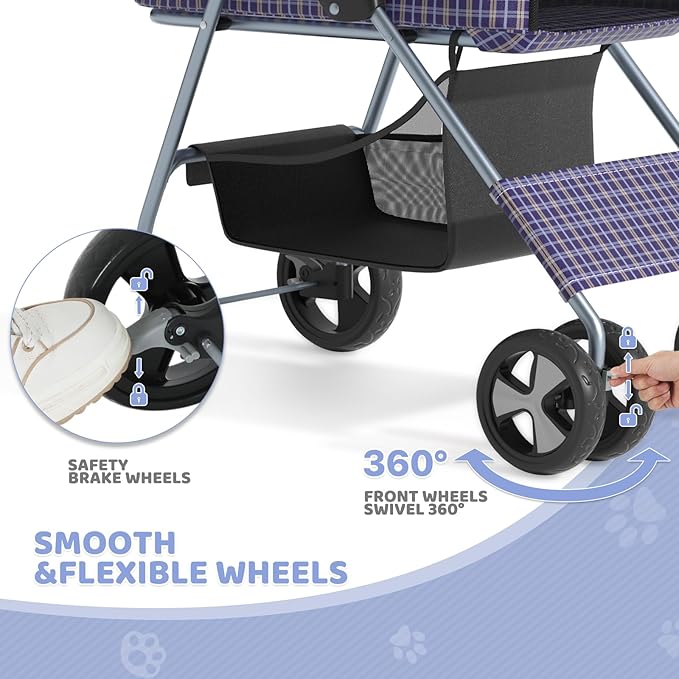 Magshion Foldable Pet Stroller, 3-in-1 Dog Travel Jogger with Detachable Carrier, Cup Holder, Storage Basket, Folding Carrier for Small/Medium Dogs & Cats Up to 33 lbs, Plaid