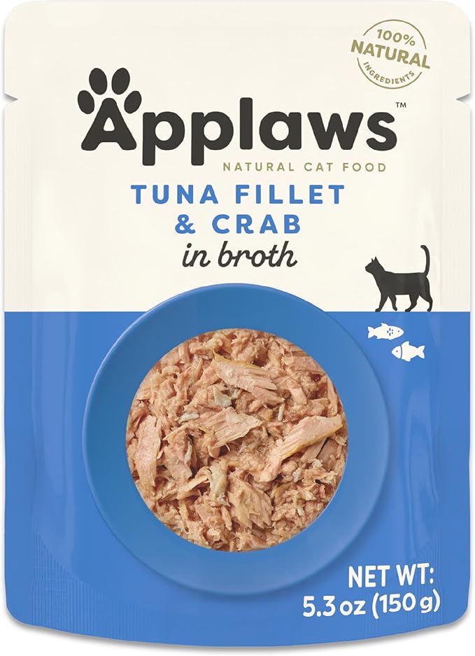Applaws Natural Wet Cat Food in Broth, Limited Ingredient Wet Cat Food Pouches, No Additives, Made with Natural Ingredients, Tuna Fillet with Crab in Broth (12 x 5.3oz Pouches)