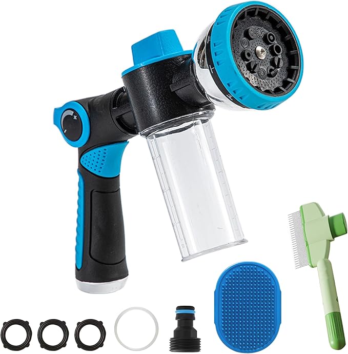 Dog Washing Hose Attachment, 10-in-1 Soap Sprayer Moden Garden Hose Nozzle with 100cc Soap Dispenser, Dog Wash Supplies with Dog Bath Brush & Pet Comb, Foam Gun Car Wash Sprayer (Blue)