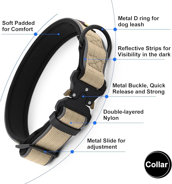 Plutus Pet Tactical Dog Collar, Reflective, Adjustable Heavy Duty Dog Collar, Soft Padded and Comfortable, for Small Medium and Large Dogs (Beige, XL)