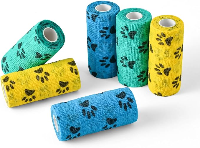 WePet Pet Wrap, Self-Adhesive, Only Sticks to Itself, Non-Woven Tape for Dog Legs, Paws, Wounds, First Aid Cohesive Gauze for Horse, Cat, Bird, Animal, 6 Rolls, 4 Inch, Pawprints A