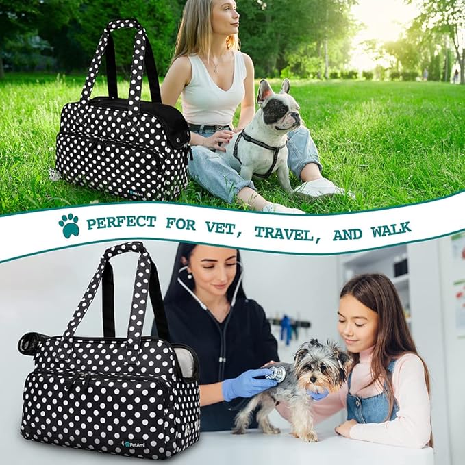 PetAmi Small Dog Purse Carrier, Soft-Sided Pet Carrier Bag with Pockets, Portable Puppy Cat Travel Handbag Tote, Airline Approved Breathable Mesh, Poop Bag Dispenser, Max 18 lbs, Polka Dot Black