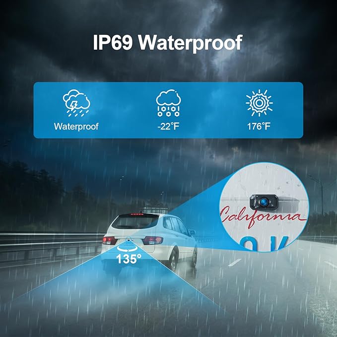 Fookoo HD 1080P 7-inch Wireless Backup Camera, 7" Split Screen Monitor + Rear View Licence Plate Camera, DIY Guide Lines Wide Angle IP69 Waterproof Easy to Install for Car Pickup Van SUV - DW7CT