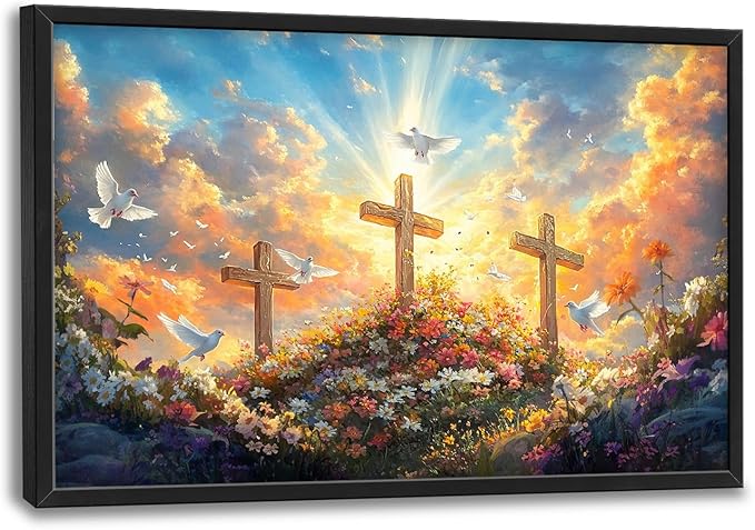 Framed Large Christian Jesus Wall Art, Oversized Floral Dove Wall Decor for Living Room, Landscape Canvas Painting Peaceful Pictures Modern Artwork for Living Room Bedroom Office 36"x24"