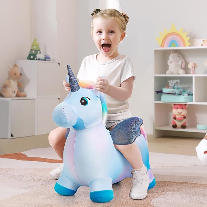 EVERICH TOY Unicorn Bouncy Horses Inflatable Plush Hopping Toy Bouncing Hopper Animals for Toddlers,Outdoor&Indoor Bouncy Animals for Toddlers,Gift for 18 Months 2 3 4 Year Old (W/Pump)