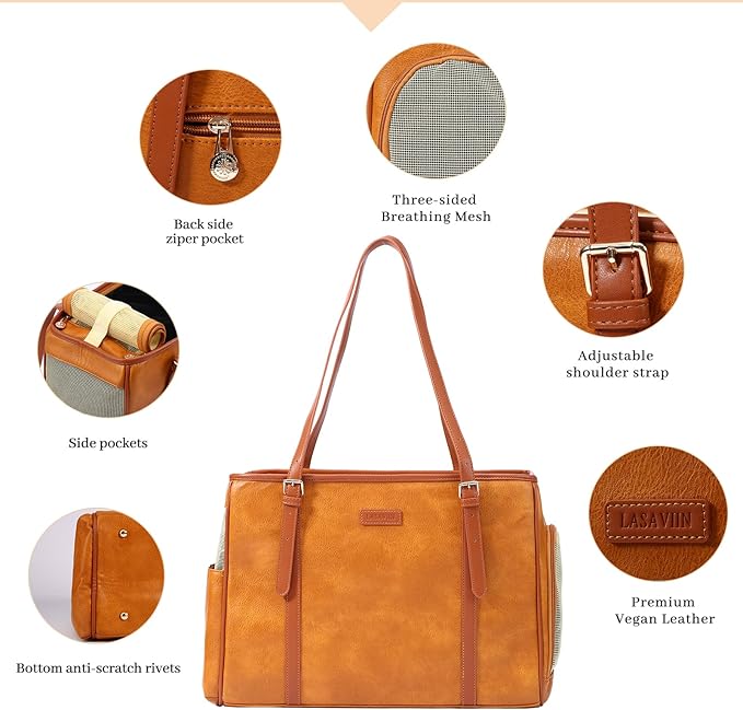 Fashion Dog Purse Pet Carrier Leather Bag for Small Dogs Cats Puppy, Portable Tote Bag Airline Approved Soft-Sided Carriers (Brown)