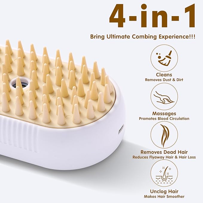 Cat Steam Brush for Shedding,4 in 1 Pet Spray Hair Removal Comb,Anti-Static,Type-c Rechargeable,Self-Cleaning,Grooming,Massage,360°Rotating Arm for Easy Storage,Suitable for All Pets(White)