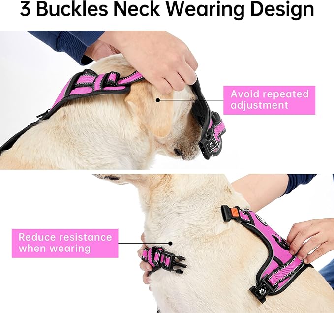 IVY&LANE No Pull Dog Harness for Medium Dogs,Dog Vest Harness with Leash,Safety Belt and Storage Strap, Fully Adjustable Harness,360° Reflective Strip,Soft Handle (Fuchsia Pink,M)