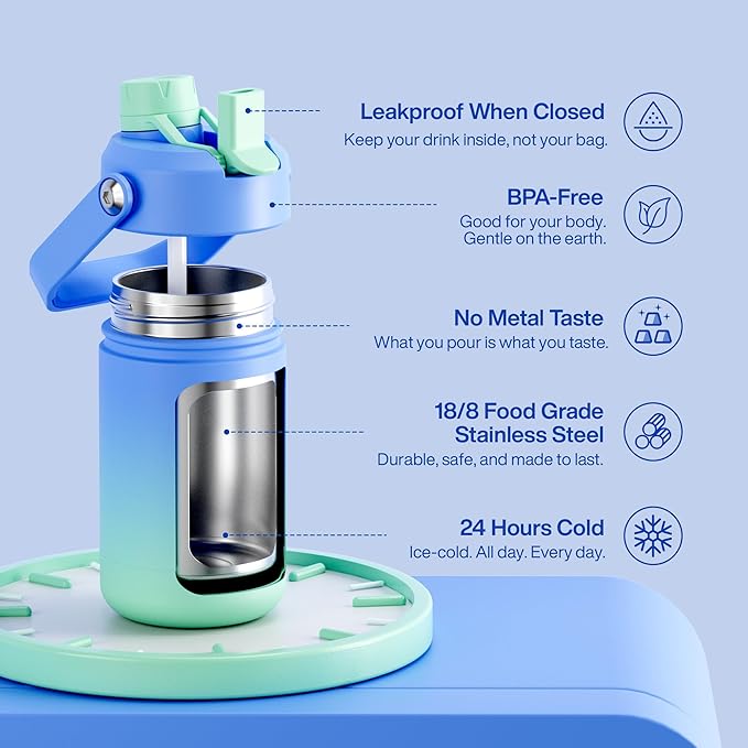 Kids Insualated Water Bottle with Straw - 12oz Stainless Steel Water Bottle with Dual Spouts, Leak-Proof, BPA-Free, Double Wall Vacuum Keeps Cold for 24 Hours for Sports, Travel (Frosted Lilac)