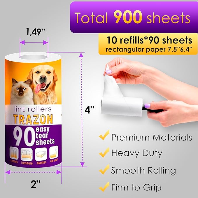 Lint Rollers Pet Hair Value 10 Pack of 900 Sheets / 10 Refills, Sticky Roller Pet Hair, Lint Remover Dog/Car Hair, Fuzz, Animal Fur, Large Lint Removal Roller Clothe, Couch, Furniture
