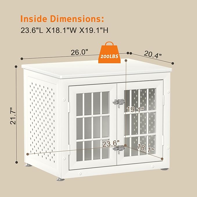 26" Heavy Duty Dog Crate Furniture for Small Dogs, Metal Kennel for High Anxiety Dogs, Chew Proof Pet Cage Indoor, Decorative Kennel End Table, White