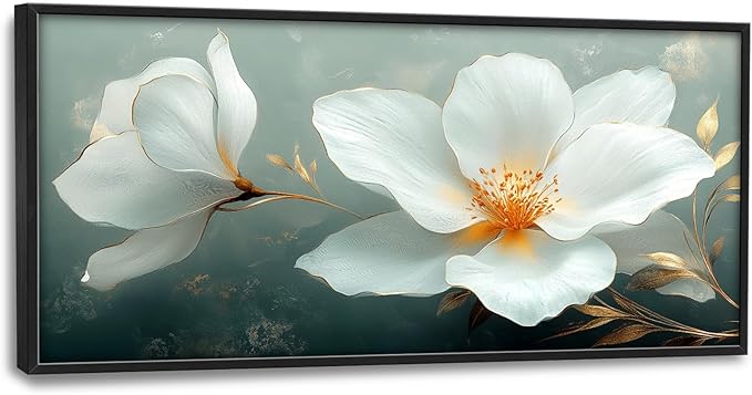 Large White Floral Wall Art for Living Room, Flower Canvas Oversized Wall Decor, Aesthetics Framed Pictures Painting Print Artwork for Bedroom Office 60L" x 30W"