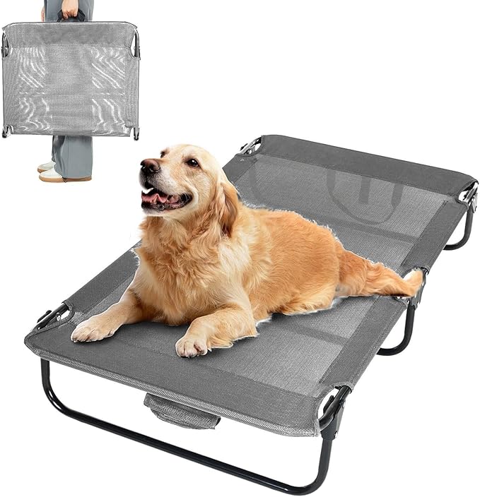 Dog Elevated Bed Foldable Portable Raised Bed Camping cot Outdoor Summer Dog Bed (Large, Grey-Textilene)