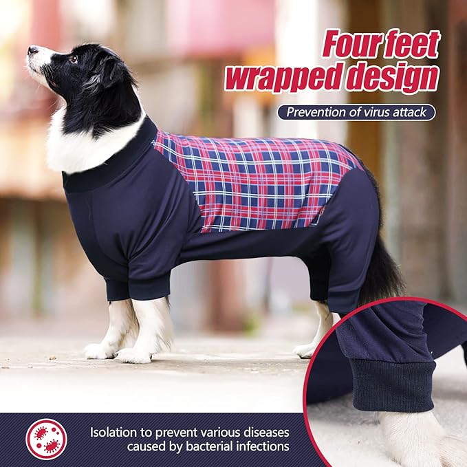 Dog Recovery Suit, Abdominal Wound After Surgery Wear, Anti Licking Bodysuit with Zipper, E-Collar & Cone Alternatives, Plaid Dog Spay Surgical Onesie Prevent Shedding(Small, Red)