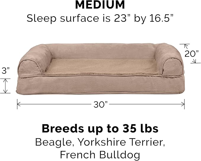 FurHaven Orthopedic Foam Sofa Dog Bed with Washable & Removable Cover - Plush/Suede - Almondine, Dogs Up to 35 lbs - Medium