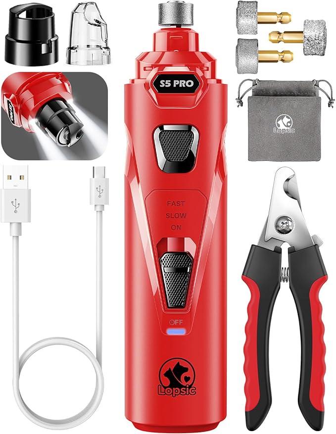 Dog Nail Grinder with 2 LED Lights Powerful 2 Speeds Super Quiet Dog Nail Trimmers with 3 Grinding Wheels Rechargeable Pet Dog Nail Clippers for Large Medium Puppy Dogs Dog Nail File Cat Nail Clipper