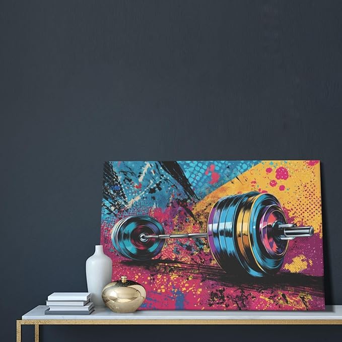 Gym Wall Art Weightlifting Fitness Canvas Wall Decor Barbell Sports Training Pictures Painting Banksy Street Graffiti Print Artwork Framed Decorations Gifts for Sports Lovers Gym Living Room Bedroom 16"x24"
