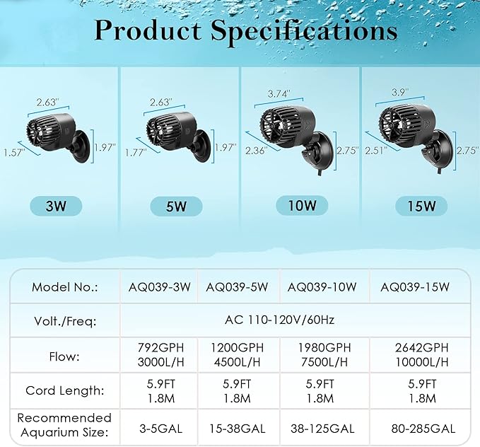 AQQA Aquarium Wave Maker,3W/5W/10W/15W Suction Cup Fish Tank Single Powerhead Pump，110V/60Hz Ultra Quiet Submersible Circulation Pump,360°Adjustable For Freshwater Saltwater Black