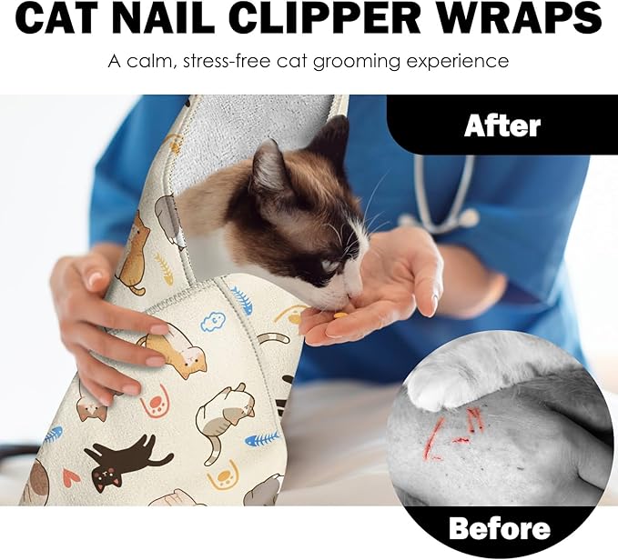 27.6"Cat Grooming Wrap, Self Adhesive Cat Wrap for Cutting Nails, Anti-Escape Calming Cat Swaddle Wrap for Medicine Ear Cleaning, Anti-Scratch Cats Burrito Restraint Blanket, Multifunctional Pet Tool