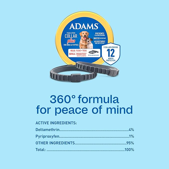 Adams Flea & Tick Collar Plus for Dogs & Puppies |2 Pack |12-Month Protection |One Size Fits All Dogs & Puppies 12 Weeks and Older |Kills Fleas and Ticks |Repels Mosquitoes (excluding California)