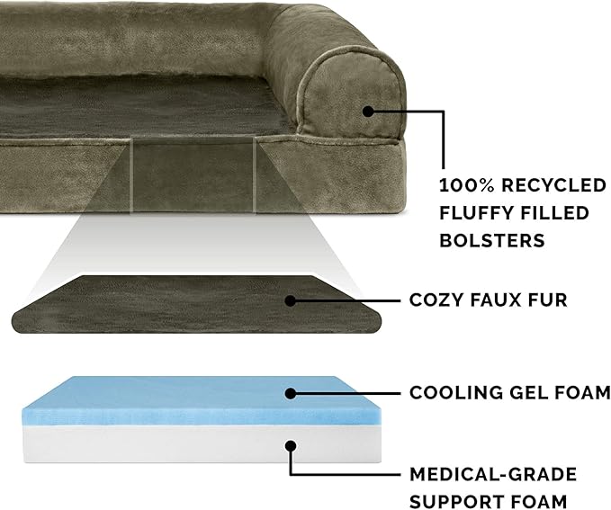 Furhaven Cooling Gel Dog Bed for Medium/Small Dogs w/ Removable Bolsters & Washable Cover, For Dogs Up to 35 lbs - Faux Fur & Velvet Sofa - Dark Sage, Medium