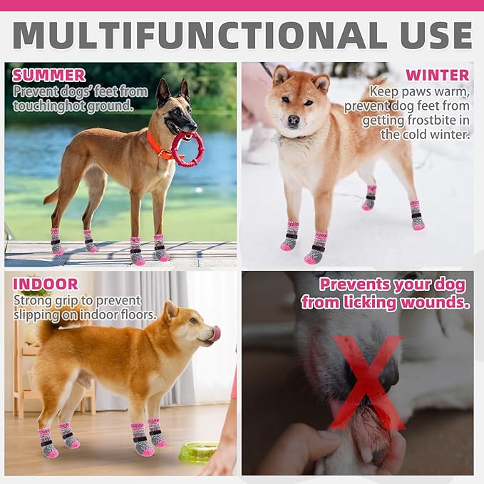 KOOLTAIL Dog Socks to Prevent Licking Paws for Hardwood Floors Anti Slip, Winter Warm Pet Boots&Paw Protector with Grippers, Double Sides Dog Shoes Booties for Small Medium Large Senior Dogs Pink M