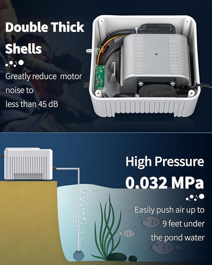 Pawfly Pond Air Pump Outdoor Oxygen Pump for Fish Koi Ponds 3000 to 10000 Gallons Adjustable Pond Garden Aerator Pump Kit with Airline Tubing Control Lever Valves Air Stones and Check Valves