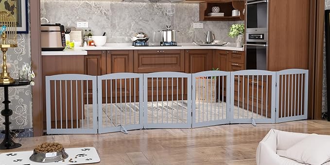 Freestanding Pet Gate for Dogs, Foldable Wooden Dog Gate for House, Extra Wide Indoor Pet Barrier for Stair, Doorway, Hall, Support Feet Included, 120 Inch Wide, 6 Panels 24", Grey