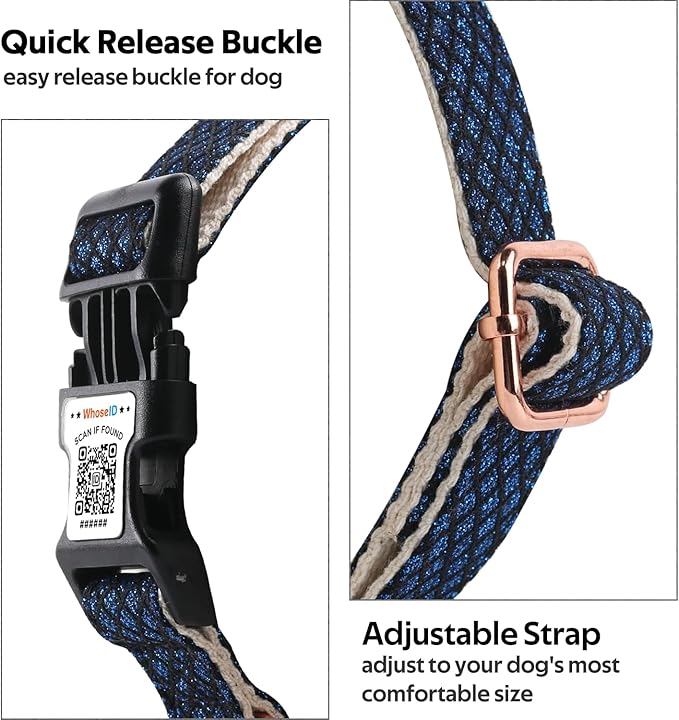 Dog Collar with Waterproof AirTag Holder & Anti-Lost QR Code, Cute Bling Warpping Adjustable Width for Small Medium Large Pet (Blue, M)