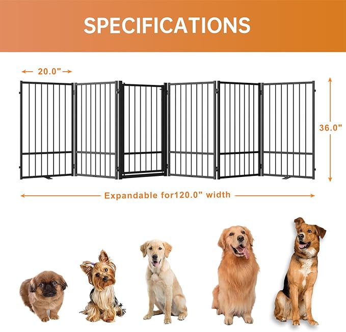 Full Metal Freestanding Dog Gate with Door, 36''Height Foldable Pet Dog Fence for Indoor & Outdoor, 6 Panels Extra Wide Free Standing TallDog Gates for Doorways,House,Stairs,Porch,Deck,Yard