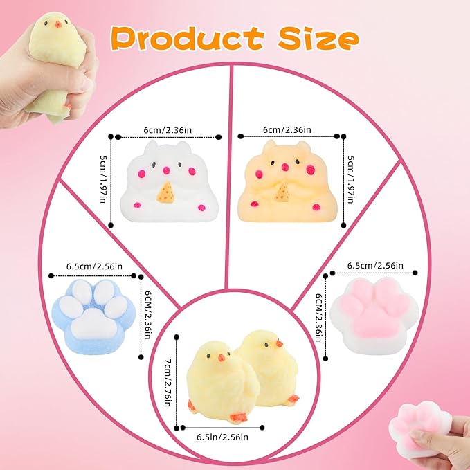 6 Pcs Taba Squishy , Kit Squeeze Toy ,Include Squishies( 2 Cat Paws & 2 Chick,2 Hamster), Soft Stress Relief Squeeze Toy,tress Relief Sensory Toy
