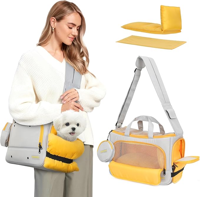 Small Dog Sling Carrier, Front Facing Dog Carrier Sling, Hands Free Pet Carriers Bag with Padded Adjustable Strap and Poop Dispenser Machine Washable for Small Dogs Cats Travel Outdoor-Grey
