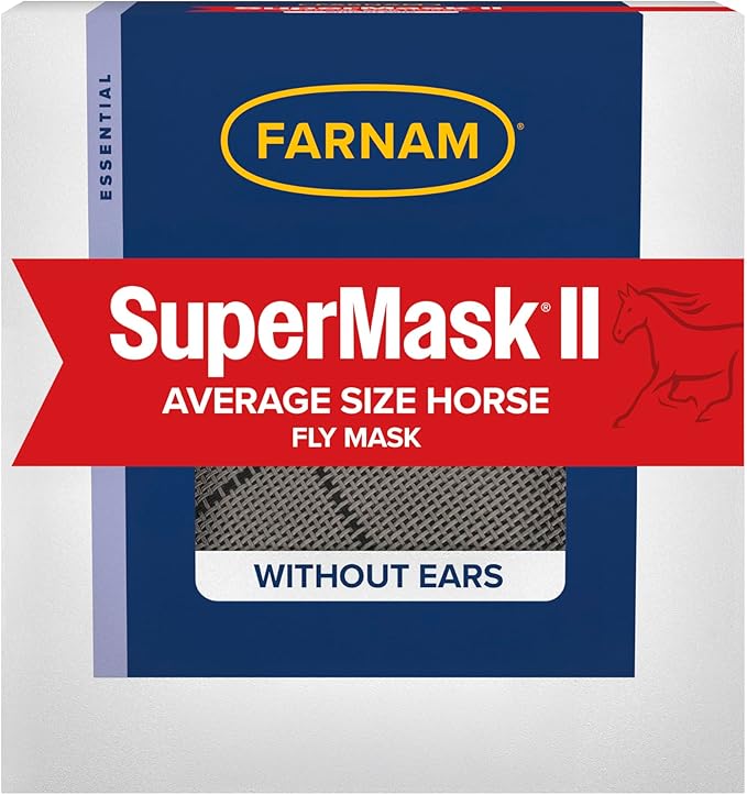 Farnam SuperMask II horse fly mask without ears, extended coverage, protects eyes from insects and debris, adjustable throat latch, Average Horse Size