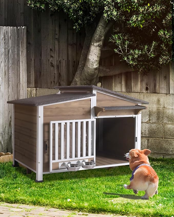 Dog House Outdoor with Bowls Weatherproof Dog Kennel with Anti-Chewing Iron Frame Dog Shelter for Small Medium Dogs(Light Brown)