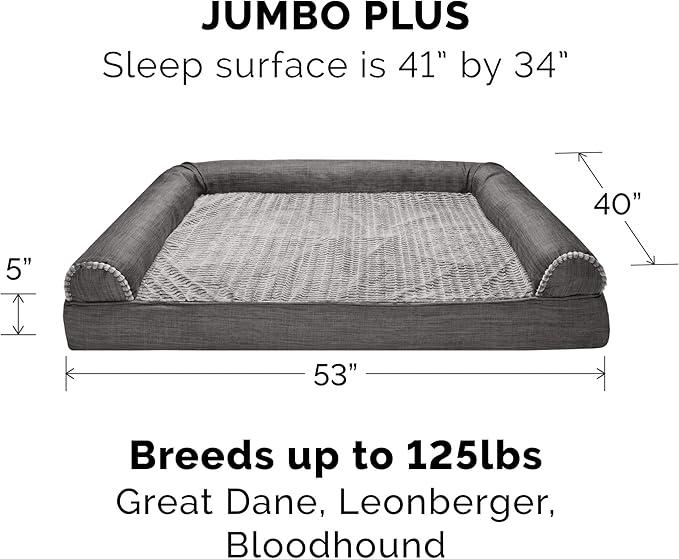 Furhaven Cooling Gel Dog Bed for Large Dogs w/ Removable Bolsters & Washable Cover, For Dogs Up to 125 lbs - Luxe Faux Fur & Performance Linen Sofa - Charcoal, Jumbo Plus/XXL