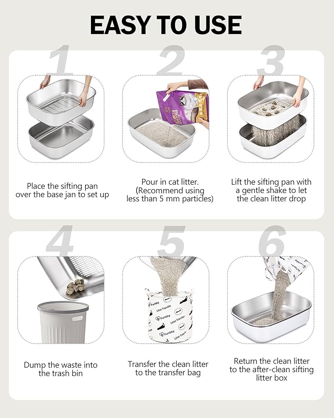 Stainless Steel Sifting Litter Box with Lid, Metal Litter Pan with Scoop for Big Cats Multi Cat, Extra Large Cats Litterbox Odor Control Easy Clean
