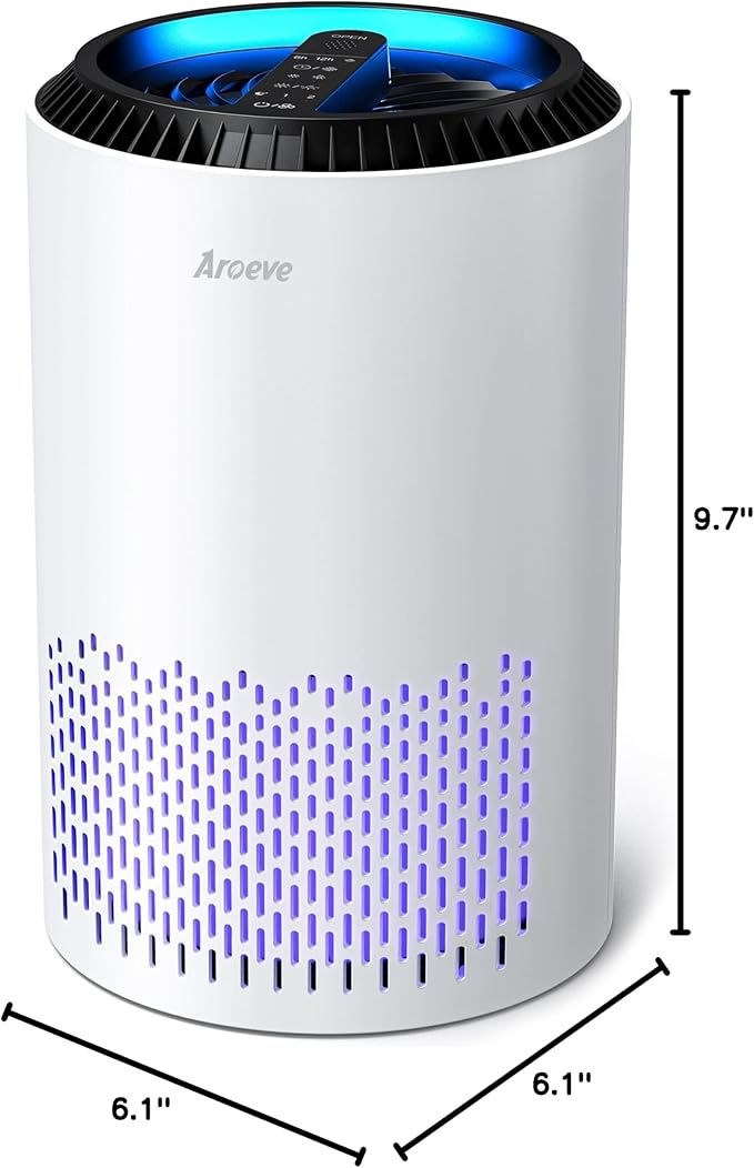AROEVE Air Purifiers for Bedroom Home, 3 Layer Filter for Smoke Pollen Allergies Pet Dander Odor, Sleep Mode for Better Sleep, Energy Saving, 3 Speeds, Timer for Office, Dorm, Kitchen, MK01, White