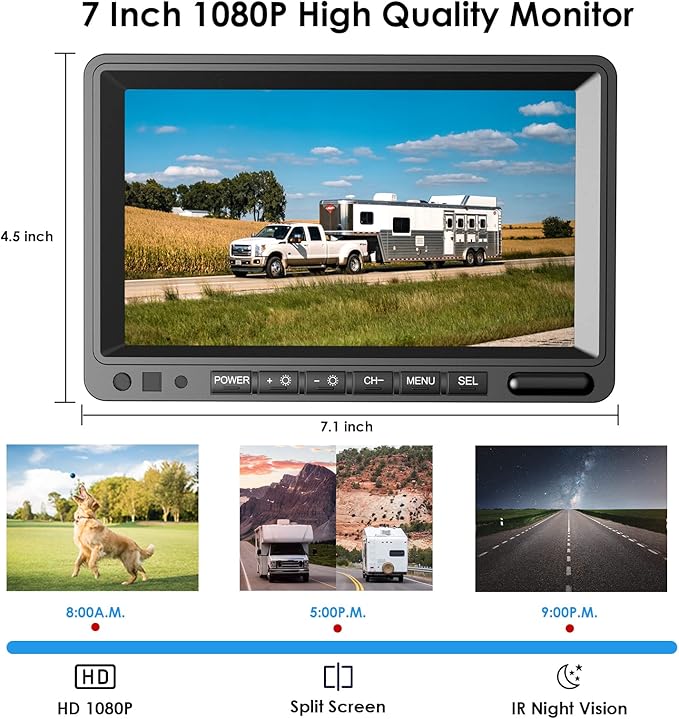 Digital Wireless Backup Camera System Kit, IP69K Waterproof Wireless 2 Rear View Camera + 7’’ LCD Dual Split Monitor for RV/Truck/Bus/Camper/Trailer (WX02)